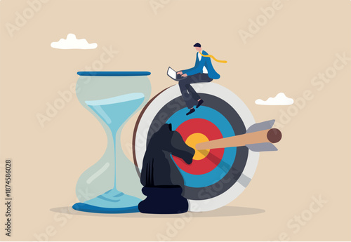 Business strategy, planning to achieve goal, management for company growth opportunity, market success goal, smart businessman working with computer sit on target with chess knight and sandglass.