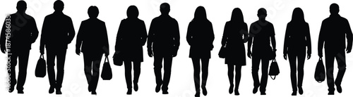 Silhouette group of diverse business people walking together with bags representing urban lifestyle teamwork crowd movement concept isolated on white background illustration