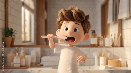 Boy brushing teeth in a modern bathroom, morning routine