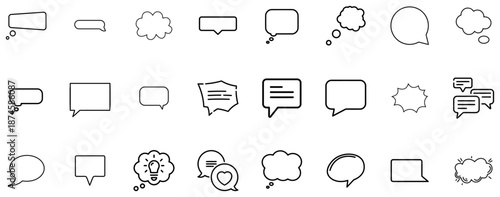 Collection of black outline speech bubbles and thought bubbles with various shapes and styles talk communication