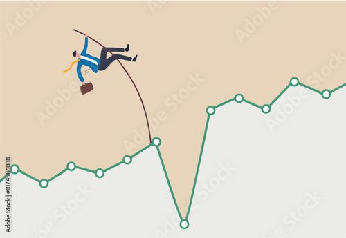 Overcome or get pass stock market down or crypto currency market drop, investment risk challenge or market volatility concept, confident businessman investor pole vault jump over market drop graph.