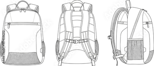 Technical line drawing of modern backpack showing front back and side views travel school hiking bag design outline illustration isolated on white background