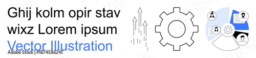 Business planning, workflow, data analysis, teamwork, innovation, and technology. Image shows gear, rising arrows and profile icons within a chart. Business planning and workflow focus
