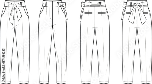 Fashion technical sketch of women high waist paper bag trousers with belt showing front and back views clothing design outline illustration isolated on white background