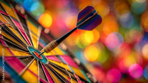 Dart hits the bullseye on a colorful dartboard with various colors in the background during a game night