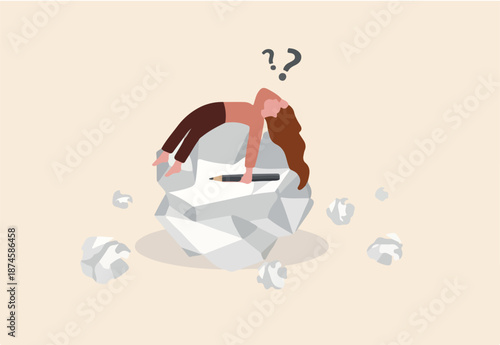 Run out of idea and imagination, lack of motivation or uninspired causing time wasted, failure and mistake concept, overwhelmed creative woman lie down on crumpled paper after fail of idea creation