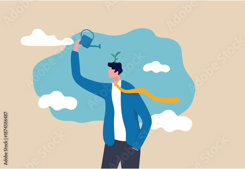 Self improvement, growth mindset, positive attitude to learn new knowledge improve creativity for business problem concept, smart businessman using watering can to water growing seedling on his head.