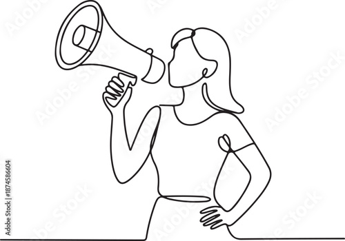 Woman announcing through megaphone in continuous line art