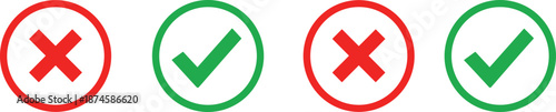 Green check and red cross icons set showing correct and wrong approval symbols validation success error decisions isolated on white background vector illustration