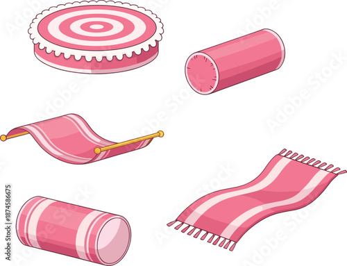 Islamic Prayer Mat and Rug Illustration Set, Muslim Worship Carpet Collection in Pink Tones, Traditional Religious Textile Vector Design