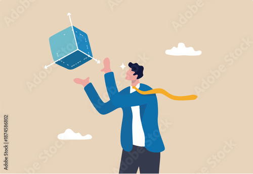 Scalable business model, flexibility to adapt or expand business growth with cost efficiency concept, businessman expand or scale down cube box metaphor of scalability.