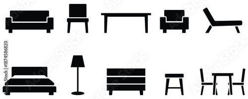 Furniture silhouette icon set, Home interior object symbols, Household furniture collection