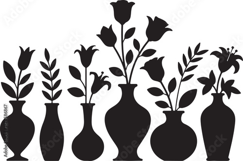 Flower Vase Silhouettes Set Black Vector Collection Decorative Botanical Icons, vector and illustration, black and white	