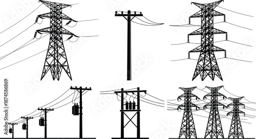 Electric power transmission and distribution silhouettes set featuring pylons, utility poles and overhead lines, black and white vector illustration for energy, infrastructure and industry design