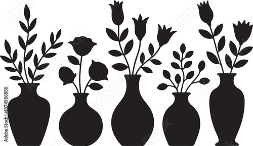 Flower Vase Silhouettes Set Black Vector Collection Decorative Botanical Icons, vector and illustration, black and white	