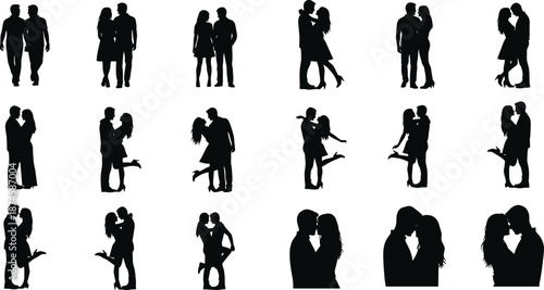 Romantic couple silhouettes collection showing love, dating and affectionate poses, black and white vector illustrations for Valentine’s Day, wedding, relationship and lifestyle design projects
