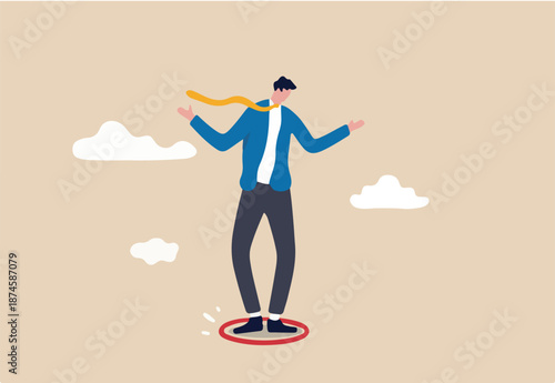 Business boundary, limitation or framing that prevent progress work, prohibited activity that limit business or career growth concept, frustrated businessman standing uncomfortably in small red circle