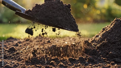 Shovel digging rich soil actively warm golden light outdoors