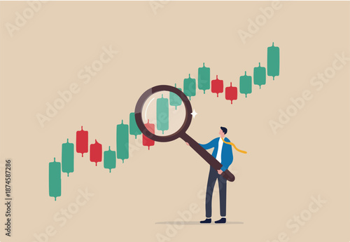 Stock market graph analysis, crypto trader trend line or finding buy and sell indicator, investment, forex trade or make profit concept, businessman investor holding magnifier analyze investment graph