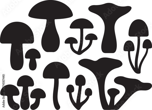 Mushroom Silhouettes Set Black Vector Collection Forest Fungi Icons Pack, vector and illustration, black and white	