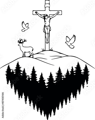 Crucifixion scene with deer and doves on hilltop forest landscape