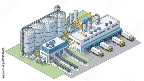 Isometric illustration of a modern industrial plant with tall silos, processing facilities, and dedicated loading docks, depicting efficient manufacturing and logistics operations for diverse goods