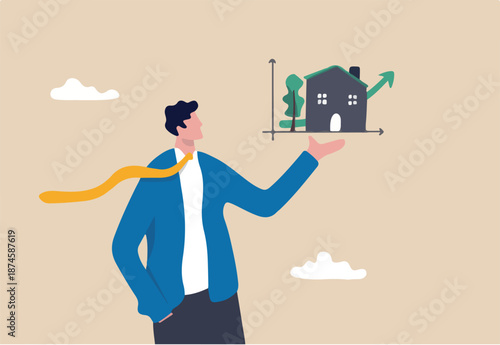 House and property investment, real estate price growth or mortgage calculation chart, buy or rent house decision concept, smart businessman property expertise presenting house pricing graph.