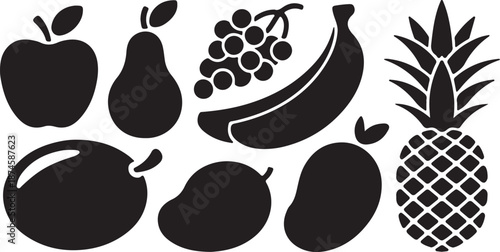 Fruit Silhouettes Set Black Vector Icons Collection Assorted Fruits, vector and illustration, black and white	