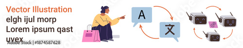 Language learning, language translation, technology integration, global communication, multilingual connection, knowledge sharing. A woman pointing to speech bubbles and connected devices. Language