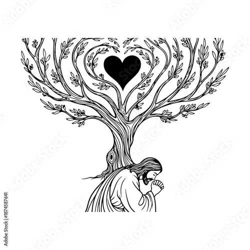 Man praying under tree with heart shaped branches and leaves