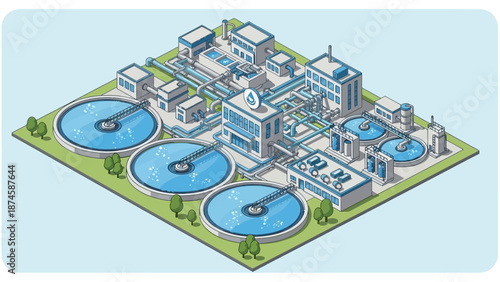 Detailed Isometric Illustration of a Modern Water Treatment Plant Facility, showcasing advanced purification systems, industrial infrastructure, and sustainable water management processes