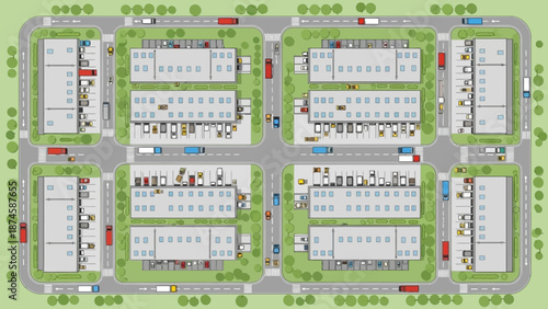 Aerial view of a logistics park with warehouses, trucks, and cars, essential for efficient goods distribution and modern supply chain management