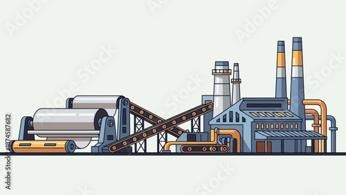 Automated manufacturing plant with paper rolls on production line, illustrating industrial processing facility operations and continuous production flow in a modern setting