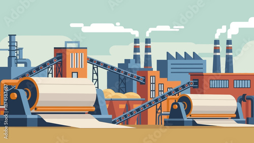 Modern industrial factory with active machinery, conveyor belts, and buildings, illustrating large-scale production and material processing in a flat vector design