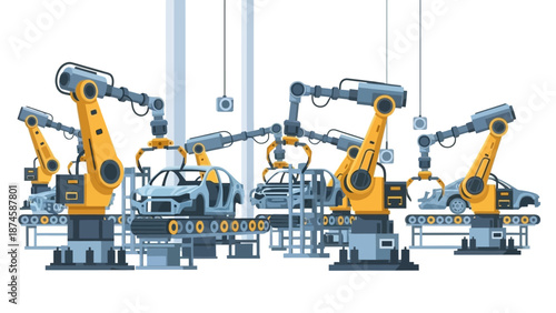 Automated car manufacturing process with robotic arms assembling vehicle frames on an advanced production line, showcasing modern industrial technology and streamlined factory operations