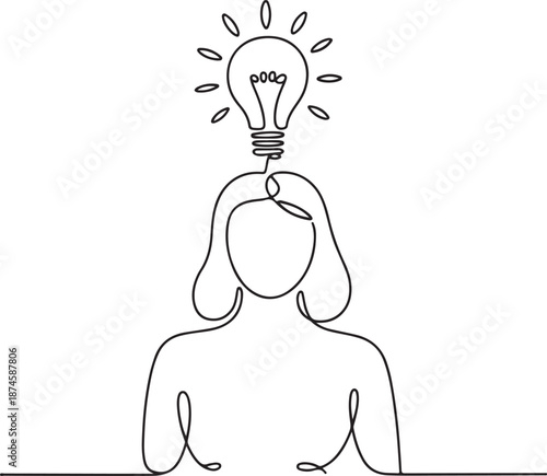 Woman with a bright idea illustrated in simple line art