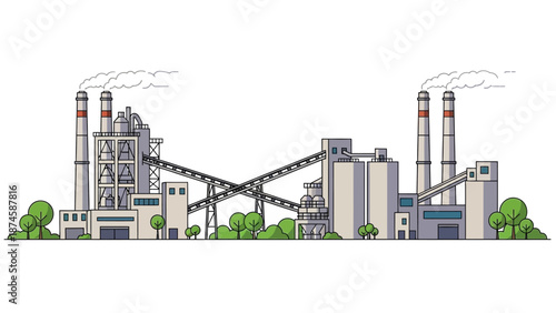 Detailed illustration of a large industrial complex with smoking chimneys, multiple buildings, and conveyor belts, depicting manufacturing and potential environmental impact