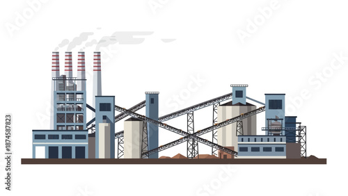 Modern industrial facility illustration. Factory buildings, smokestacks, and silos linked by conveyor systems. Depicting heavy manufacturing, energy, and production