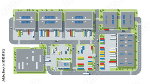 Industrial logistics park illustration. Modern warehouses, factories, and offices with busy delivery trucks. Represents efficient supply chain and distribution