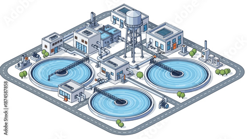 Isometric illustration of a modern water treatment plant demonstrating essential purification processes and environmental sustainability infrastructure for urban areas