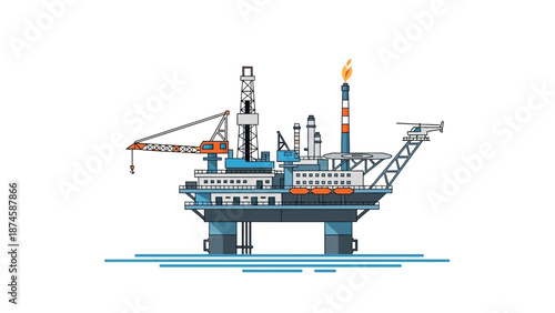 Flat vector illustration of an offshore oil drilling platform, depicting industrial energy production, natural resource extraction, and technology at sea