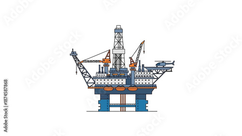 Dynamic illustration depicting an offshore oil and gas drilling rig platform with a helicopter, symbolizing the complex engineering and global resource extraction within the energy industry