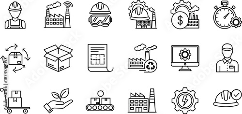 Factory production and industrial process line icons pack for manufacturing logistics automation and supply chain design