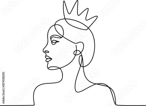 Graceful single line artwork of a sophisticated woman's profile adorned with a crown, conveying royalty and elegance