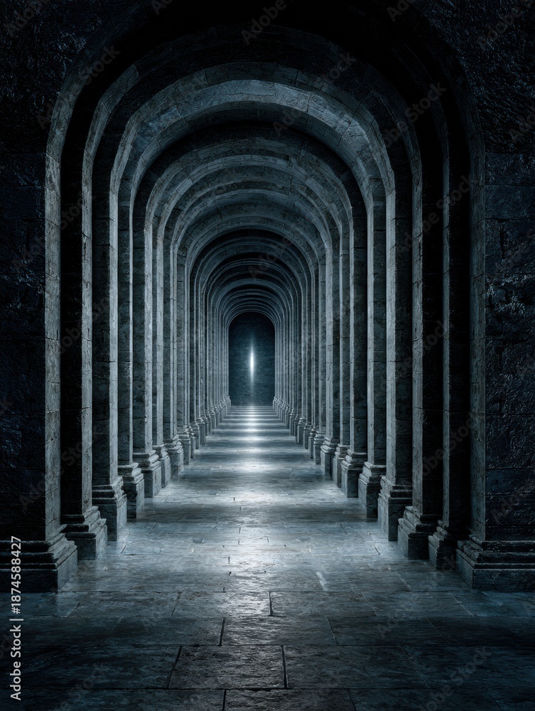 Fototapeta premium Ancient stone corridors stretch into the distance, illuminated by a light source at the end. Digital elements blend with historical architecture.