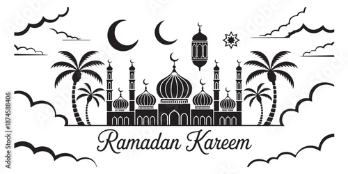 Black and white silhouette ramadan kareem greeting with mosque and palms