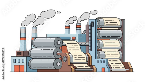 Modern industrial factory facility with multiple smokestacks processing a continuous roll of material, symbolizing large-scale manufacturing and production workflow