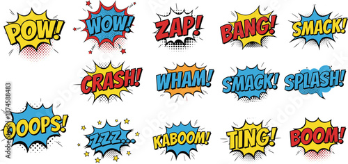 Comic sound effect text illustration set with colorful pop art speech bubbles, dynamic action words for comics, cartoons, stickers, posters, and creative graphic design projects