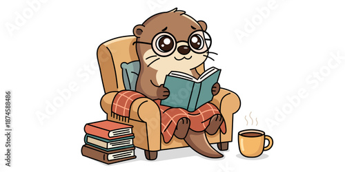 Cute anthropomorphic otter wearing glasses reading book in armchair with cozy plaid blanket stack of books and steaming mug of coffee or tea hygge lifestyle for education literature hobby leisure.