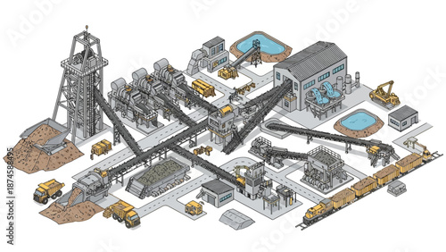 Detailed isometric industrial illustration of a large-scale mineral extraction and processing facility, showcasing the entire production chain and material handling systems